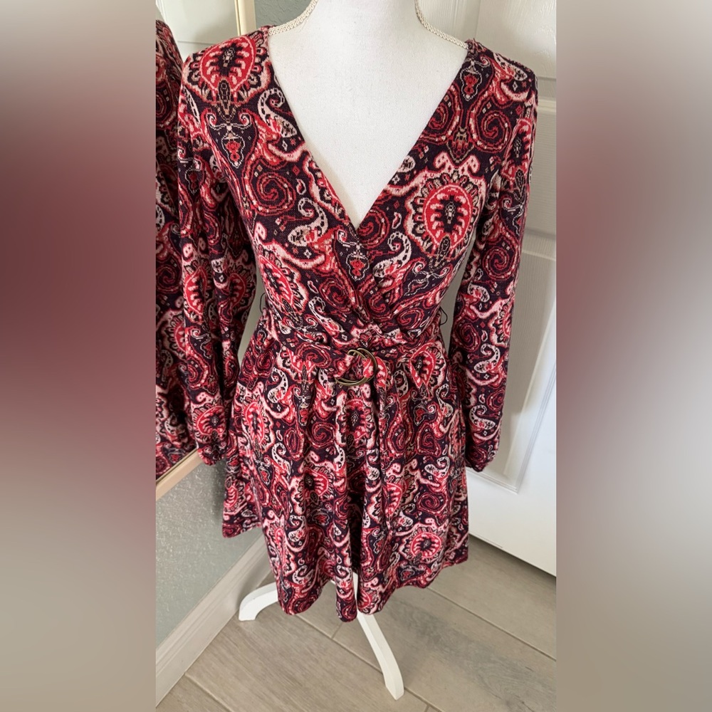 Anthropologie Maeve Pink Paisley Belted Mini Dress Long Sleeve Size Small